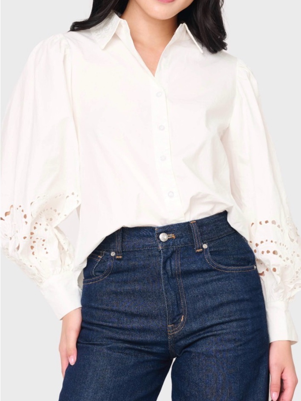 En saison Women's ivory Eyelet Puff-Sleeve Button-Front Blouse